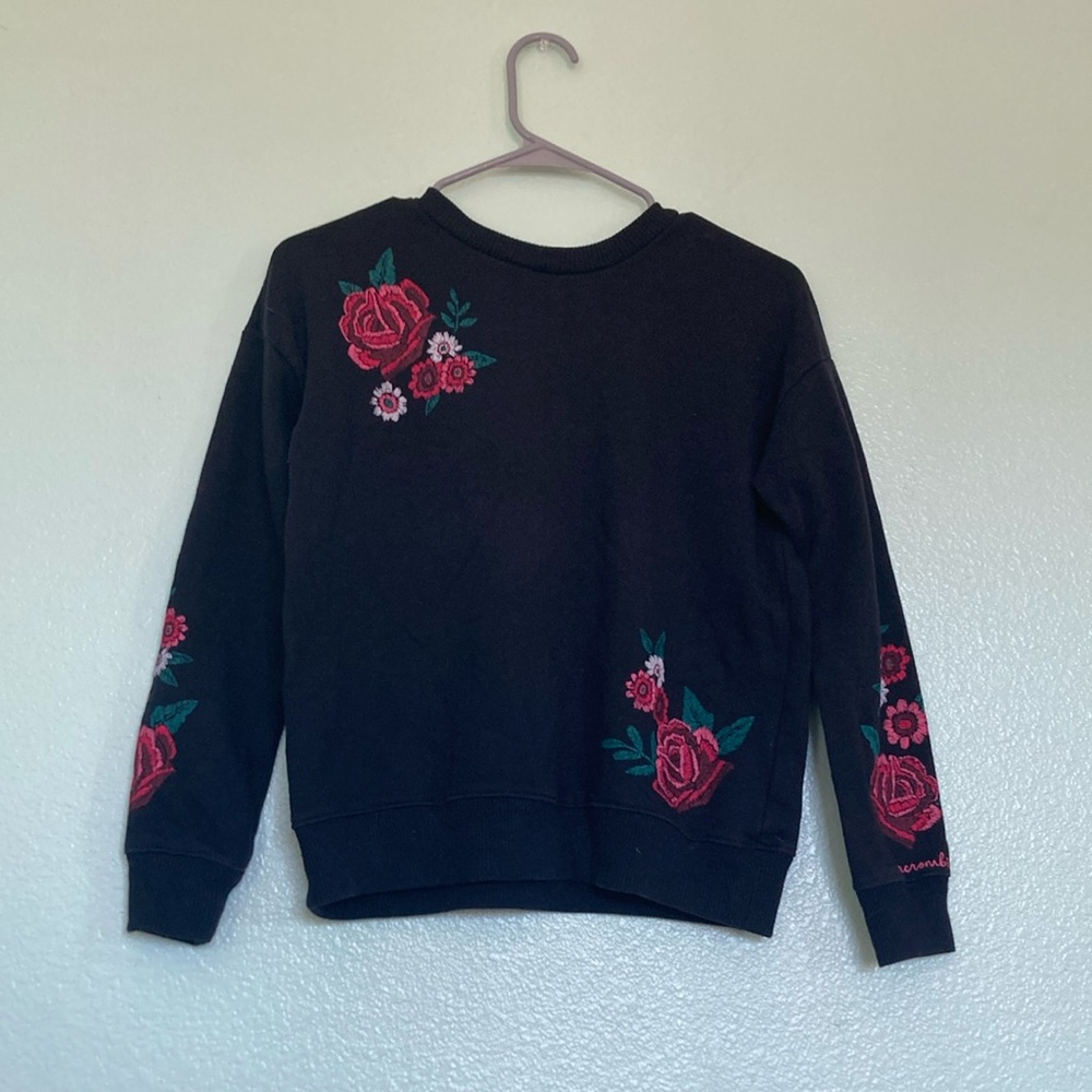 Black Sweatshirt with Red Floral Embroidery